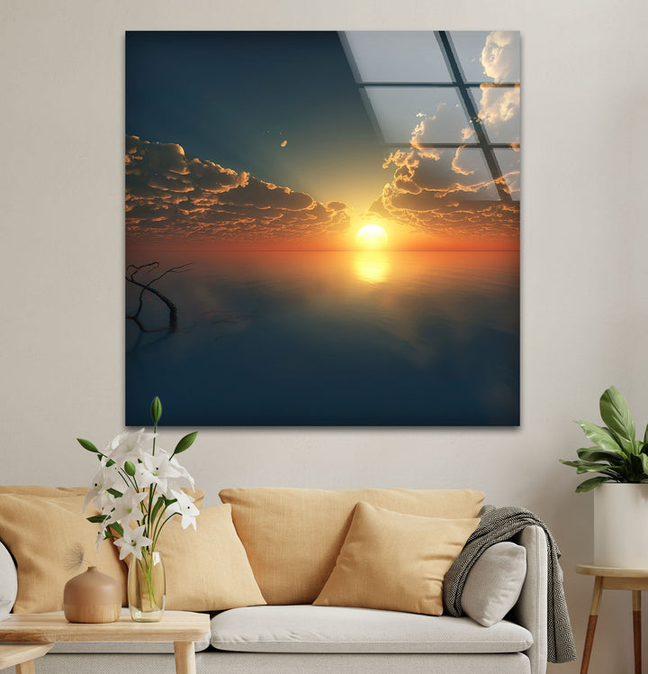 Serene Ocean Sunset Print – A stunning glass art piece featuring a golden sunset on peaceful water.
