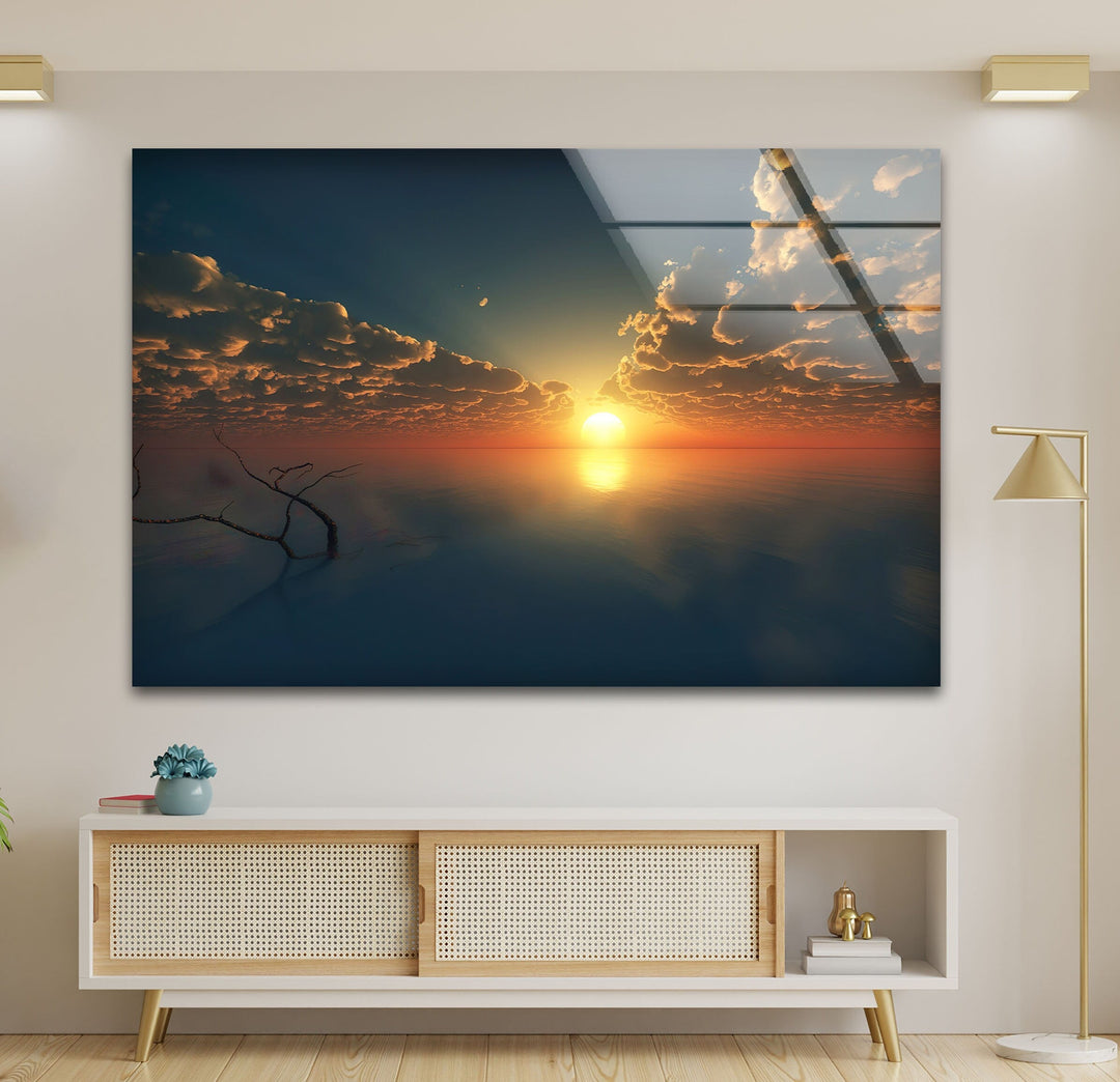 Ocean Glow: A Stunning Glass Wall Art – Embrace the serene beauty of a golden sunset reflecting on tranquil waters.

