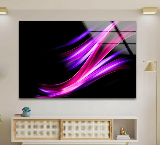 Mysterious and dynamic, this glass wall art decor features swirling neon purple waves evoking a sense of modern energy.