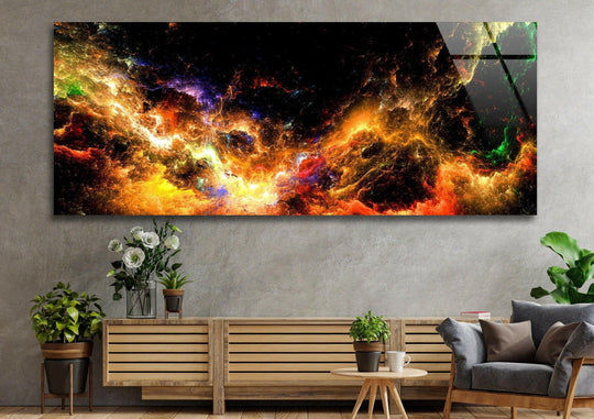 Cosmic Galaxy abstract glass wall art displays vibrant orange and purple hues and a panoramic view perfect for modern wall decor and statement wall art above a sofa