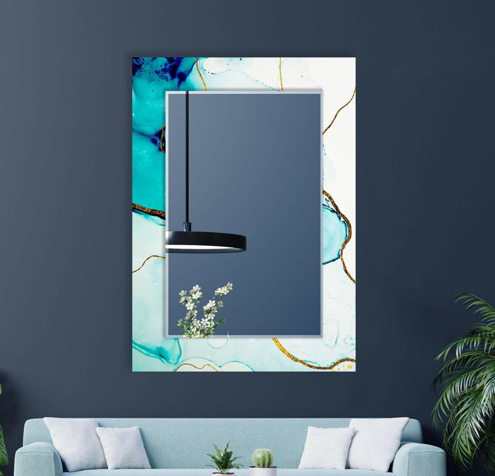 White and Turquoise Golden Details Wall Mirror Rectangle Wall Mirror
