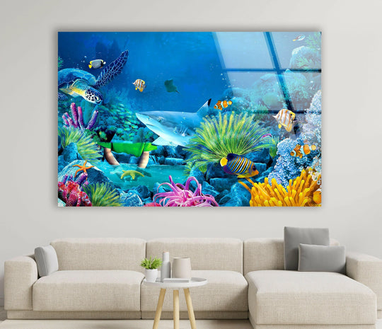 A vibrant school of fish gracefully swims amidst colorful corals and a majestic shark in this dynamic wall prints artwork.