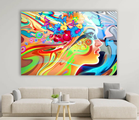 Cool Art glossy with woman face and butterfly detail and vibrant colors woman face glass wall art
