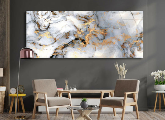 Inviting and upscale, this gold and white marble abstract glass wall art creates a sophisticated mood perfect for modern home decor.