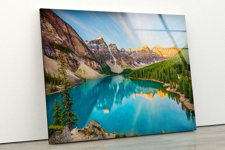 Large landscape wall art displaying the pristine blue waters and rocky mountain backdrop.
