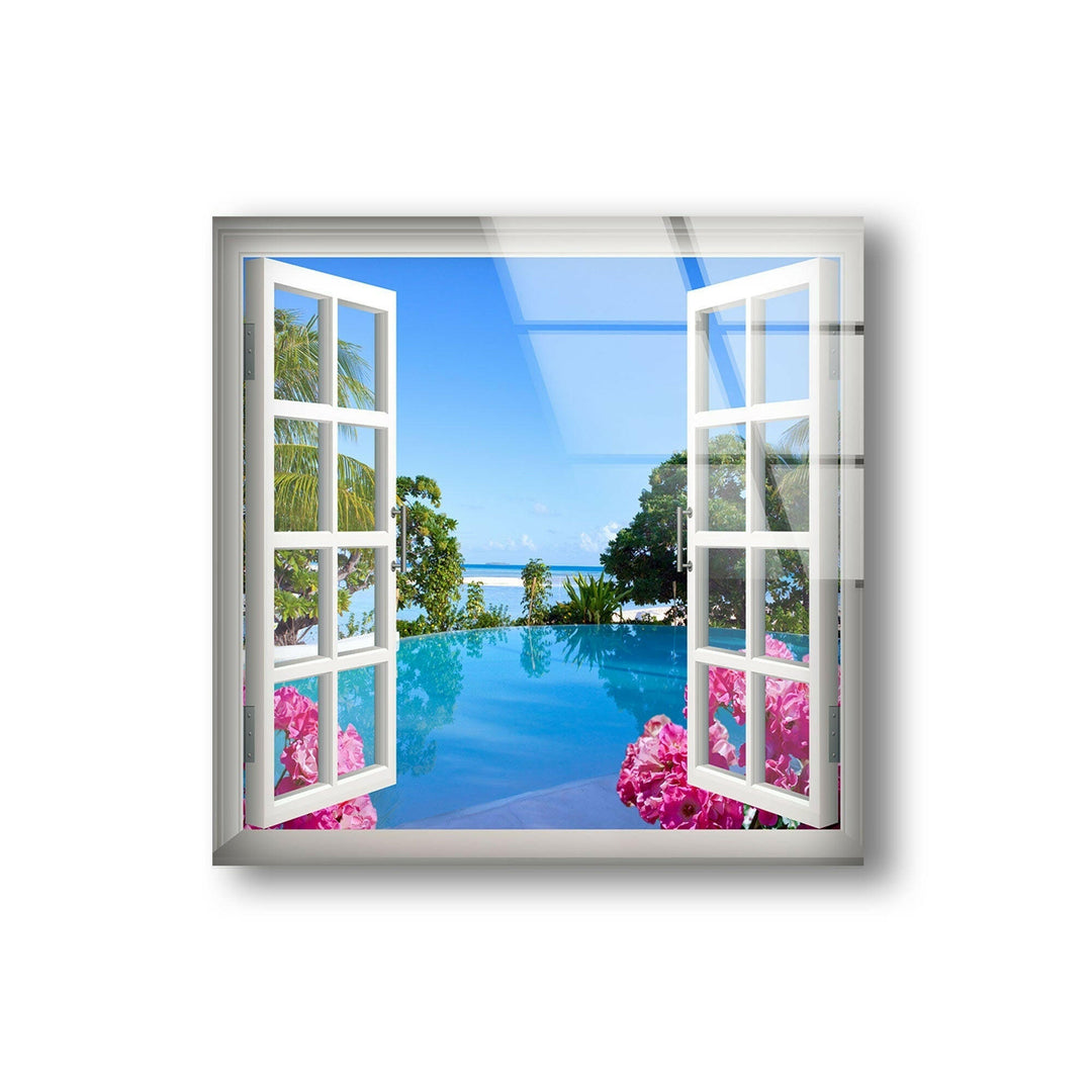 Breathtaking tropical paradise view with blue skies, ocean waves, and vibrant flowers on tempered glass.
