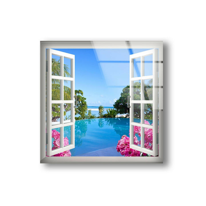 Breathtaking tropical paradise view with blue skies, ocean waves, and vibrant flowers on tempered glass.
