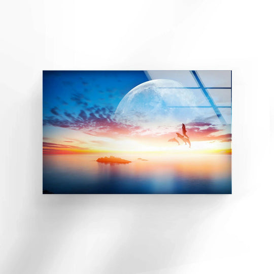 Landscape glass wall art with dolphins and moon and sunset scene is dreamy sunset wall art for a peaceful ocean themed decor