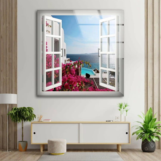Vivid color saturation brings Santorini's vibrant seaside escape to life in this hanging wall art, highlighting pink flowers, whitewashed villas, and the azure Aegean Sea.