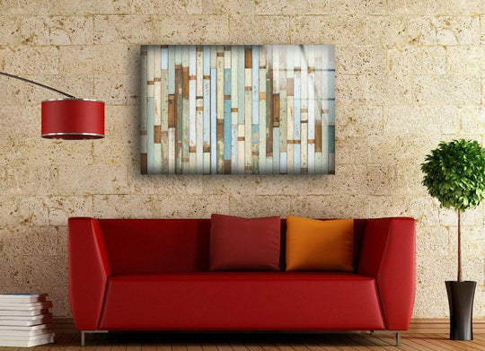 Rectangular panels create a geometric wall art print with a distressed wood and paint mosaic design.