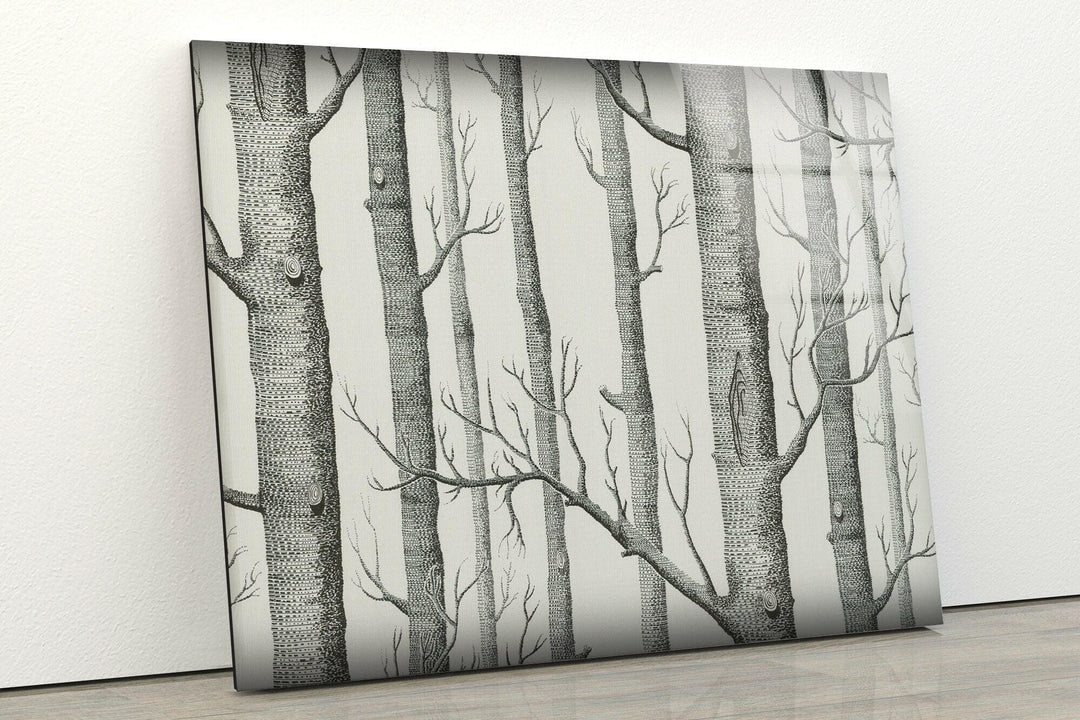 Large landscape wall art with a detailed birch tree design in black and white tones.
