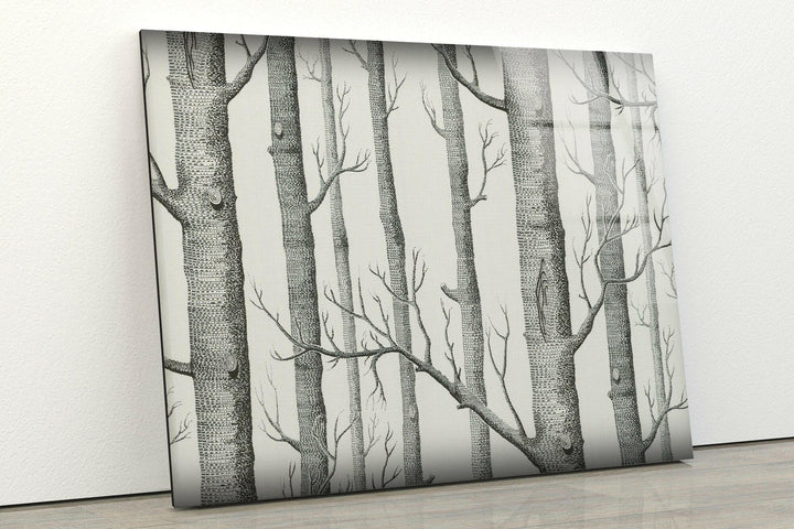 Large landscape wall art with a detailed birch tree design in black and white tones.
