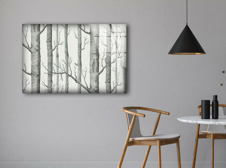 Nature art prints featuring a tranquil birch forest in a sleek monochrome palette.
