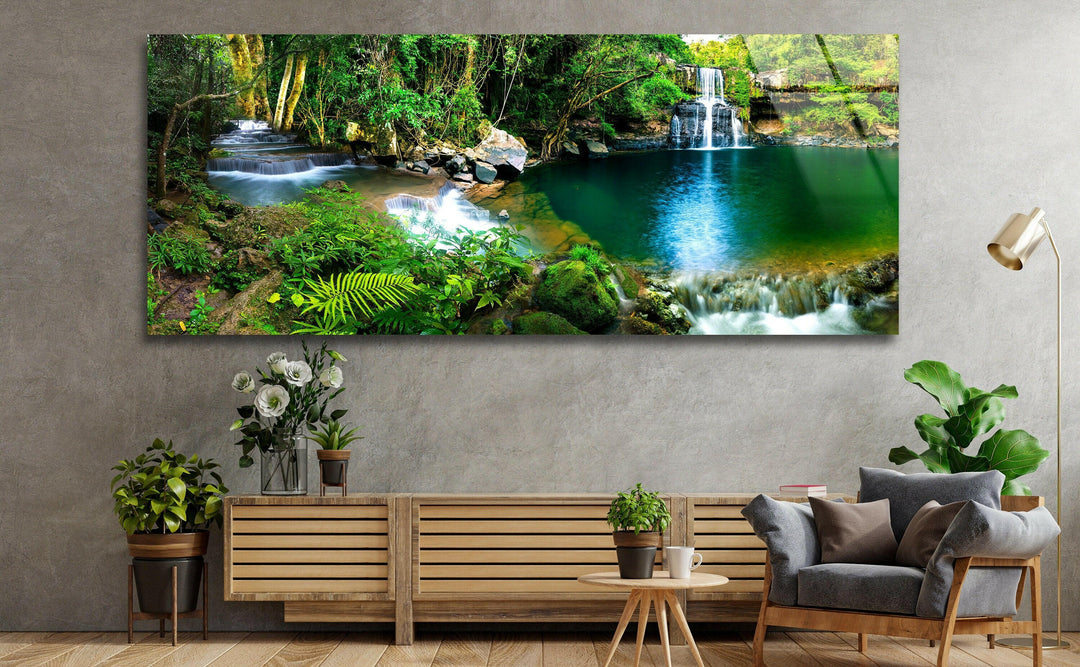 Waterfall Landscape Glass Wall Art, large glass photo prints, glass wall photos