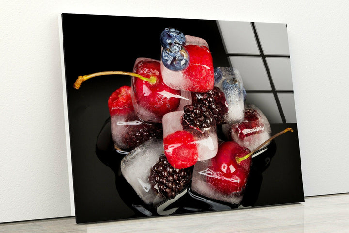 Iced Cherries Glass Wall Art, custom glass pictures, glass art prints