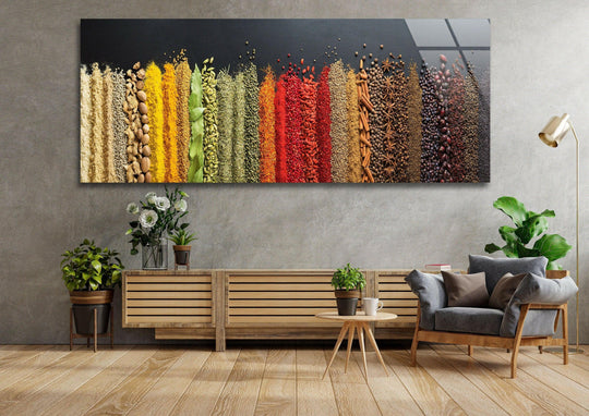Colorful spices and legumes glass wall art displays a vibrant landscape and modern wall decor with a panoramic orientation above a sofa