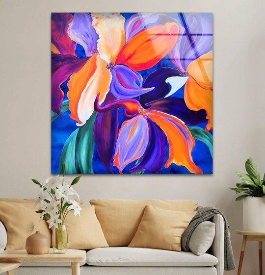 With a mix of warm and cool hues, this iris abstract painting glass art radiates a vibrant color temperature contrast on a square clear glass surface.