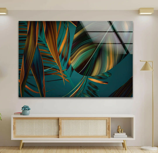 Abstract glass wall art green and gold hues palm leaf motif and modern art prints a stylish abstract decor choice