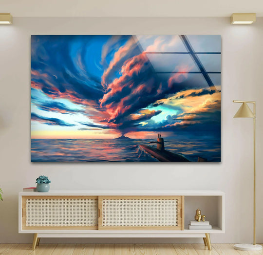 Dramatic organic forms convey the turbulent energy of the Volcano Storm glass printing wall art, depicting fiery clouds swirling above a sleek submarine.