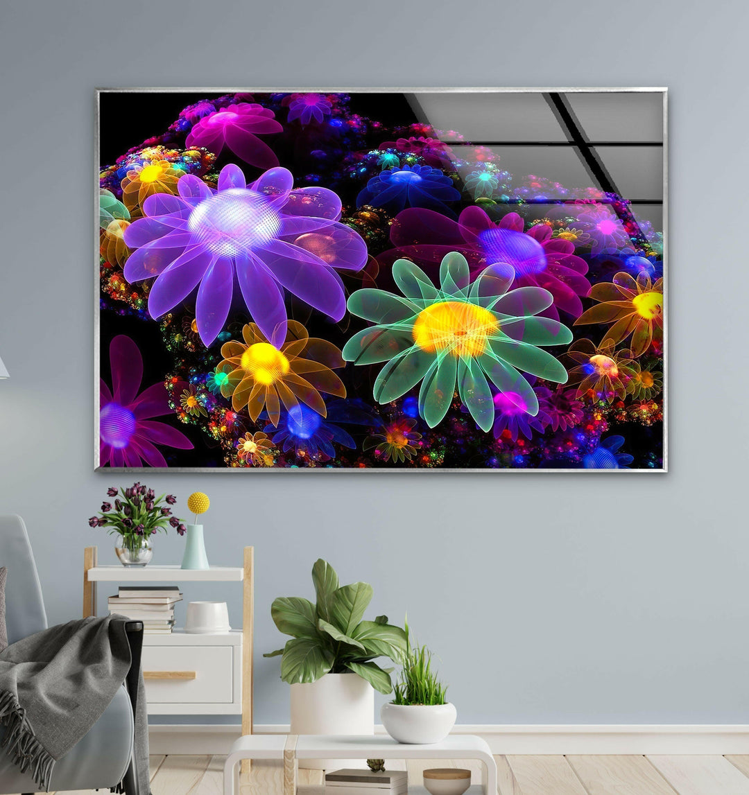 Neon Flowers Glass Wall Art, glass pictures for Wall, glass prints wall art