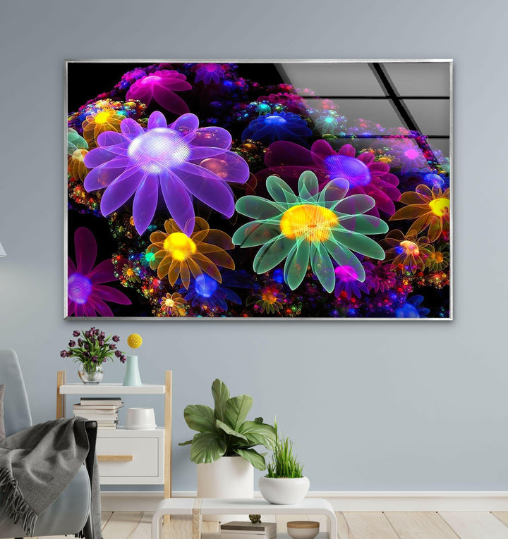 Neon Flowers Glass Wall Art, glass pictures for Wall, glass prints wall art