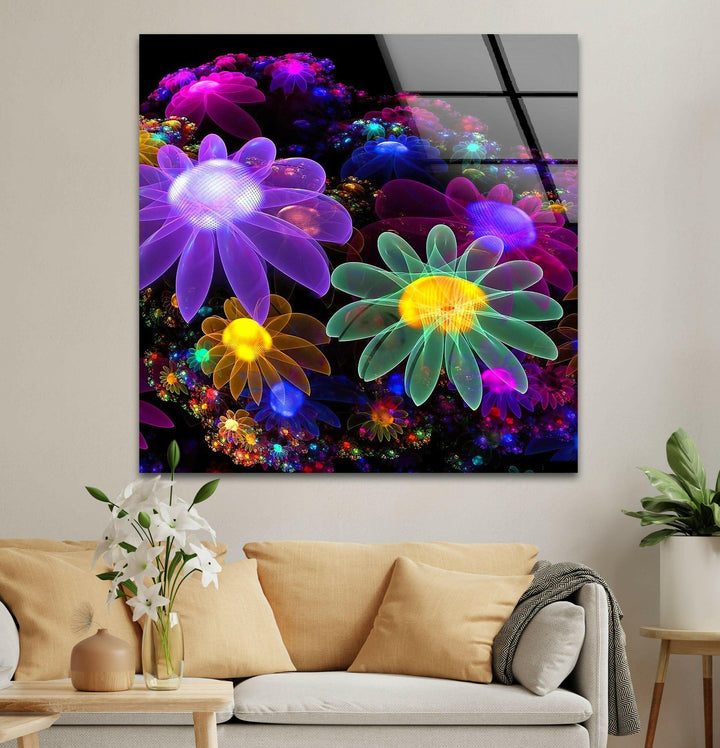 Neon Flowers Glass Wall Art, custom glass pictures, glass art prints