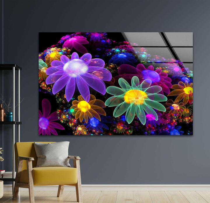 Neon Flowers Glass Wall Art, glass image printing, glass prints from photos