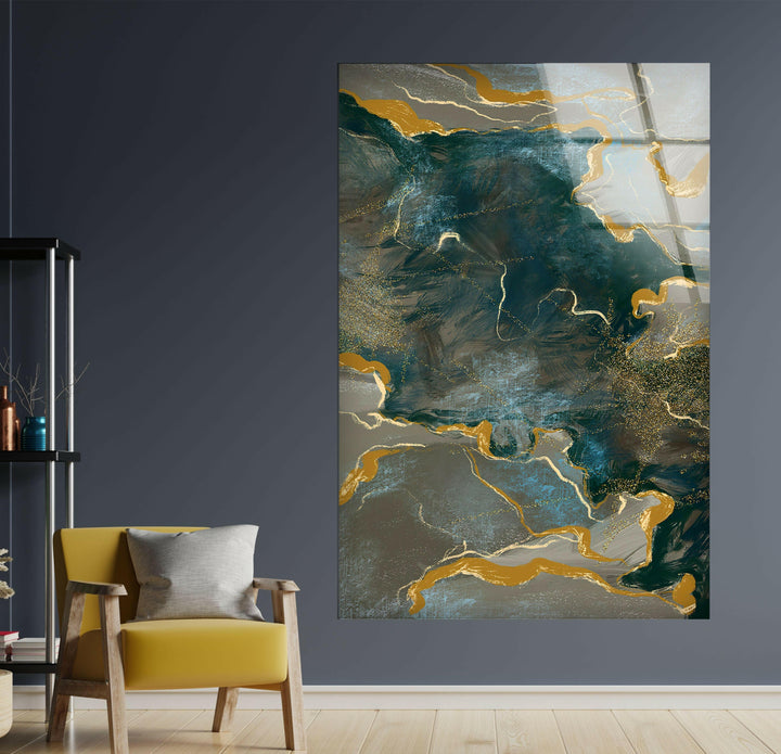 Green and Golden Alcohol ink Glass Wall Art