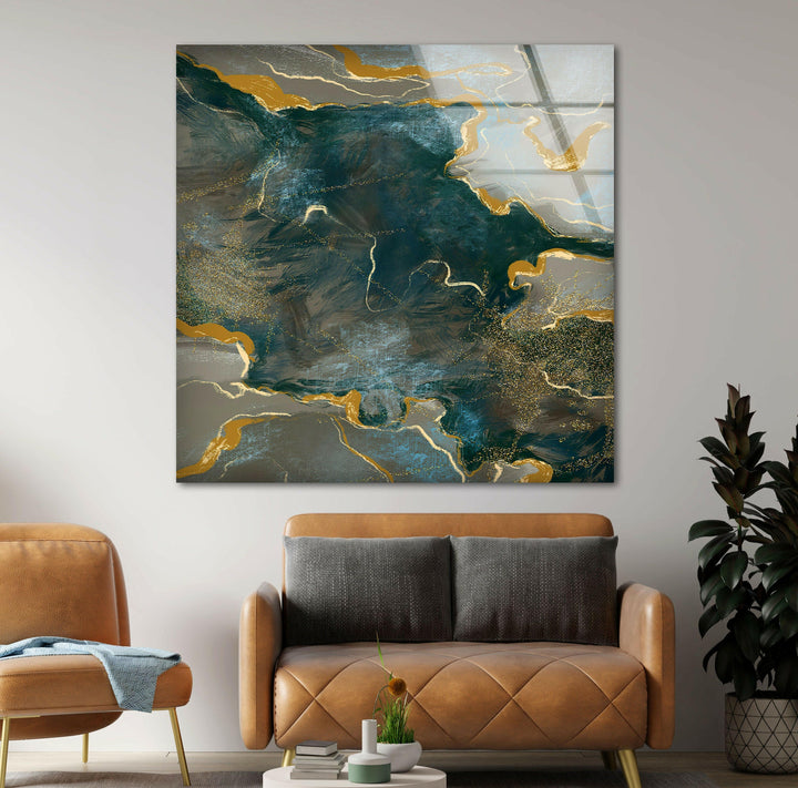 Green and Golden Alcohol ink Glass Wall Art