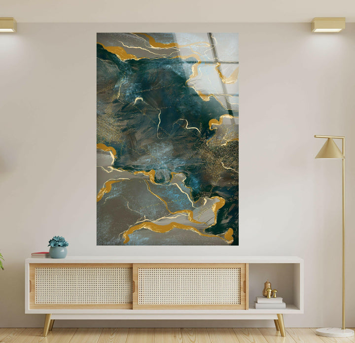 Green and Golden Alcohol ink Glass Art Prints & Glass Wall Decor