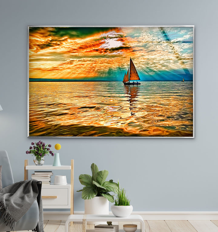 Segelboot Rotes Meer Sonne Glas Wandkunst