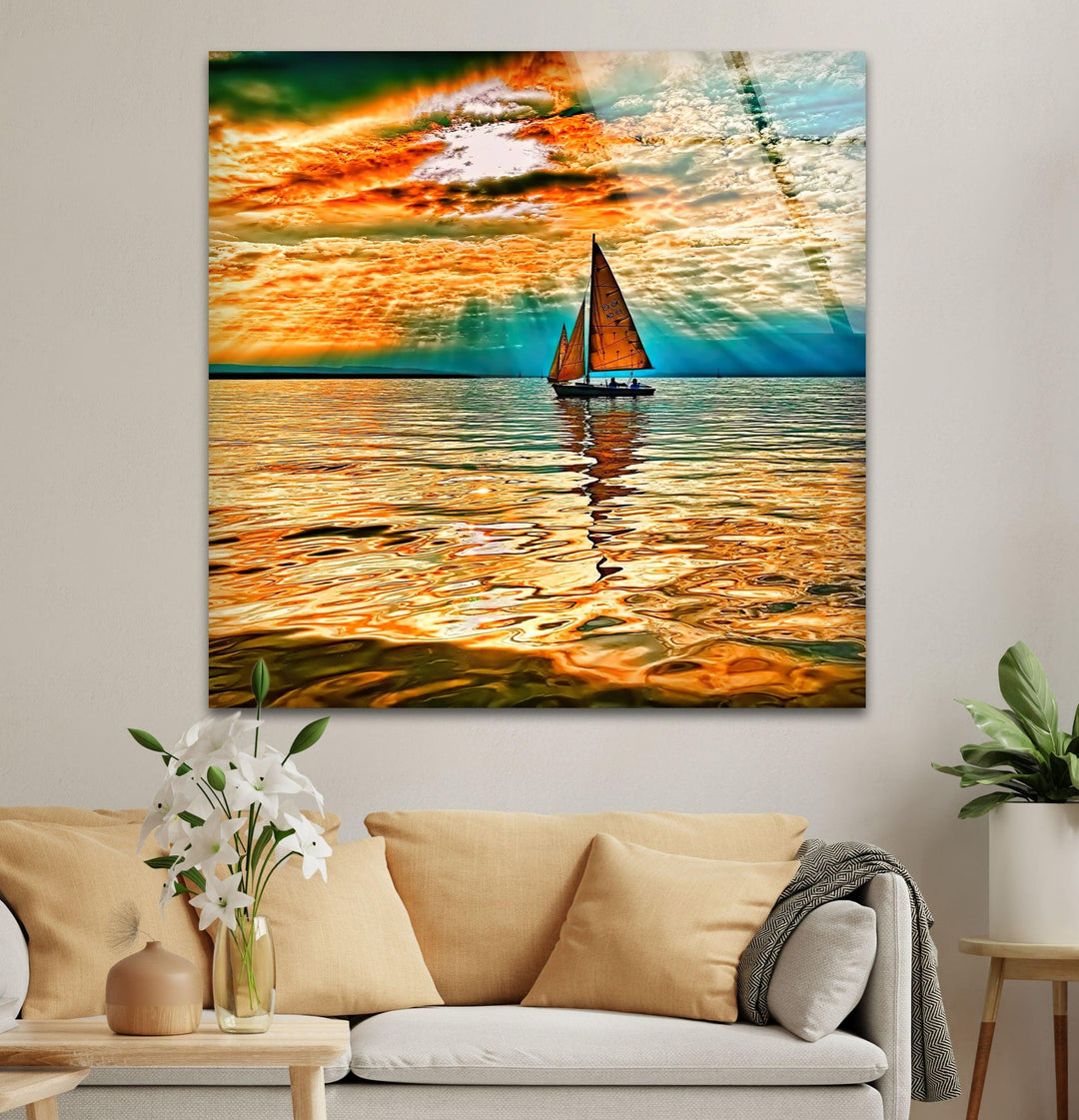 Segelboot Rotes Meer Sonne Glas Wandkunst