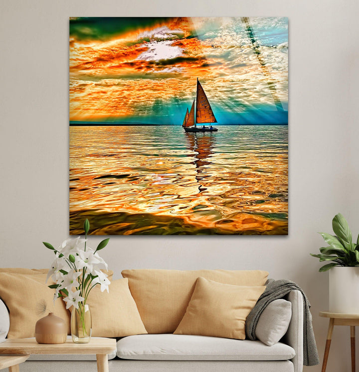 Segelboot Rotes Meer Sonne Glas Wandkunst