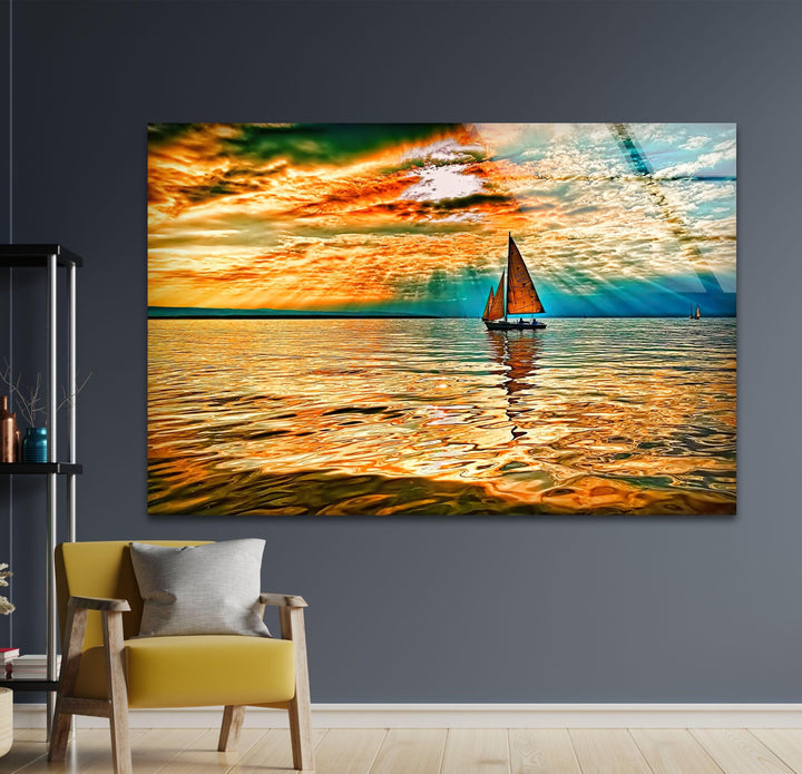 Segelboot Rotes Meer Sonne Glas Wandkunst