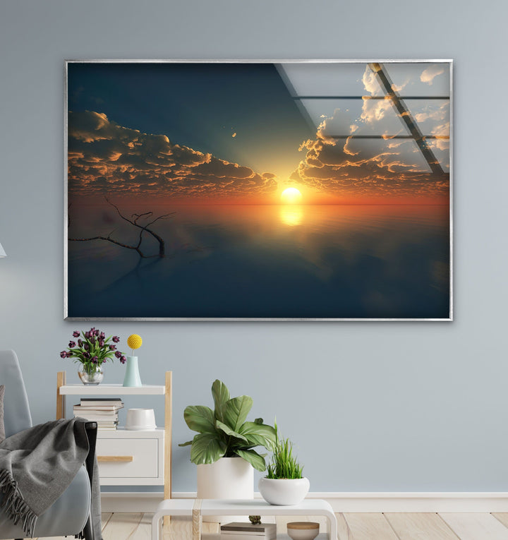 Tranquil Waters at Sunset – Captivating glass art capturing the golden hues of a peaceful sunset over a calm ocean.
