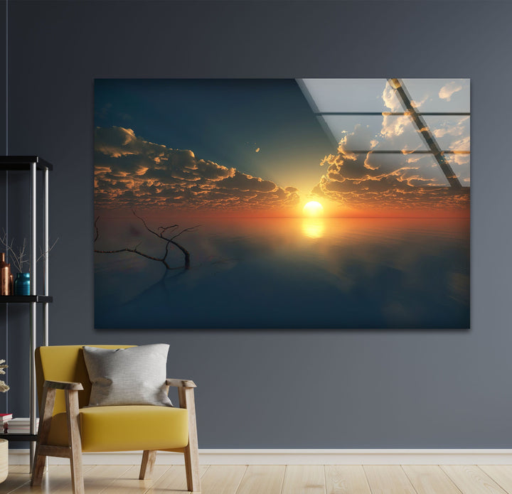 Calm Waters at Sunset – Enjoy the serenity of a golden sunset captured beautifully on durable glass wall art.
