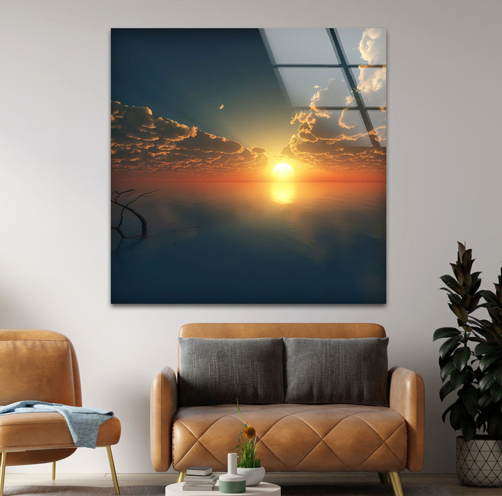 Sunset Bliss on Glass – A serene depiction of golden waters reflecting the sunset, bringing peace to your space.
