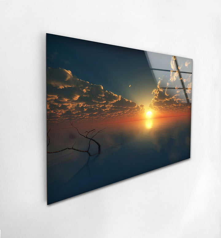 Golden Horizon: A Peaceful Ocean Sunset – High-quality glass wall art featuring the warm glow of a sunset over calm waters.
