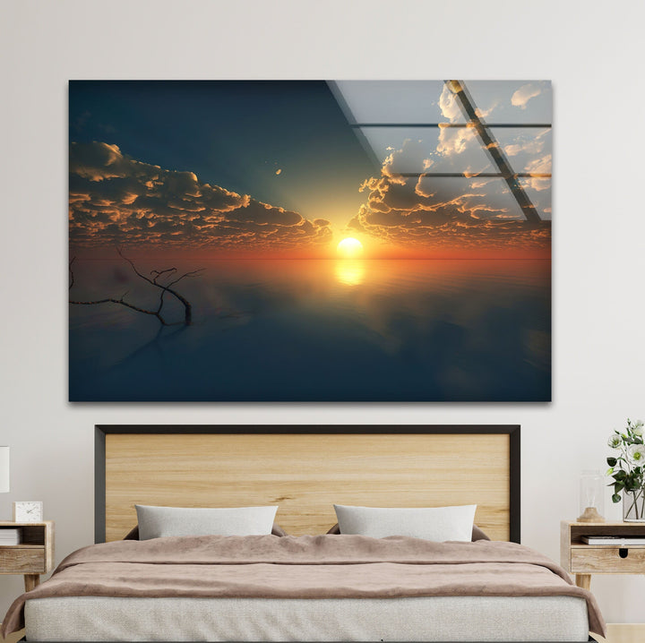 Golden Ocean Sunset – A stunning glass wall art print depicting a golden sunset reflecting on calm ocean waters.
