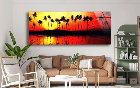 Panoramic glass wall art palm trees and sunset design and golden hour wall art capturing a serene tropical landscape