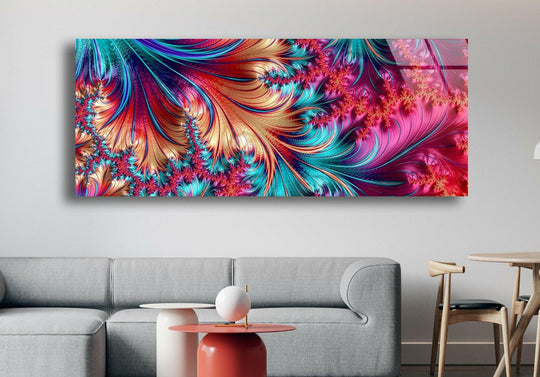 Panoramic glass wall art leafy fractal abstract design with vibrant color and 8K UV prints delivers unmatched beauty and elegance on tempered glass