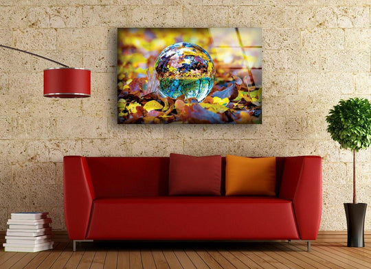 Shiny glass wall art finish enhances the autumn reflection scene of fall foliage in this decorative wall art, creating a mesmerizing display.