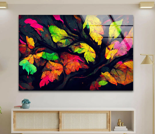 Flower glass wall art colored leaves painting and botanical wall art with vibrant 8K printing a floral and elegant design