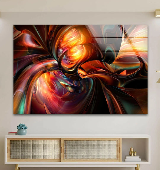 Abstract orange fractal glass wall art, a stunning focal point of unique modern wall decor.