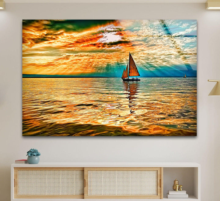 Segelboot Rotes Meer Sonne Glas Wandkunst