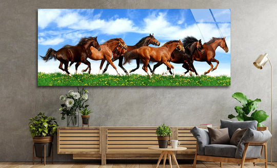 Panoramic glass wall art with horses on grass and sky brings dynamic galloping horses art and panoramic decor