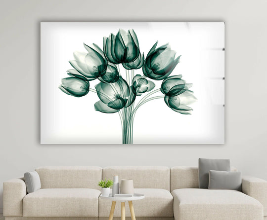 Smooth surface texture highlights the sleek, modern design of the x-ray flower glass wall artwork, accentuating the floral details captured in the transparent glass art.