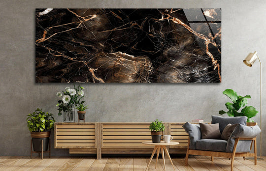 Displaying the abstract quality, the brown vein marble glass wall art captures an elegant panoramic home decor design in an expressive, luxurious style.