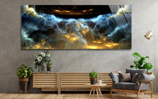 Blue and black cloud abstract glass wall art features a panoramic design and bold colors and is a stunning statement piece for modern wall decor above a sofa