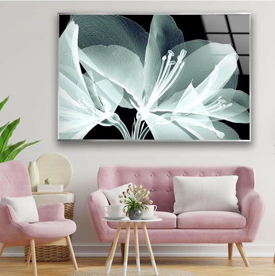 Darkest backdrop showcases a striking x-ray close up amaryllis glass wall art decor.